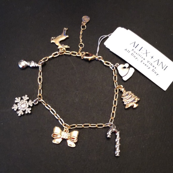 Alex + Ani Shiny Gold Tone Holiday Cheer Multi Charm Bracelet 7 Charms NWT - Picture 8 of 12